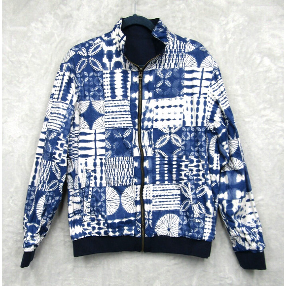 Lands End Bomber Jacket Reversible Womens Medium Blue Full Zip Cotton Nautical - Picture 2 of 11